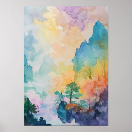 木カラフル山の夢の風景 ポスター