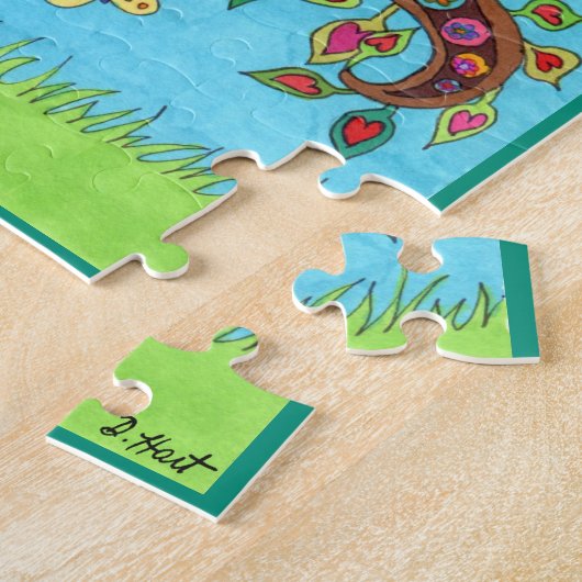 木カラフル猫の花かわいい漫画クールの子供 ジグソーパズル (側面)