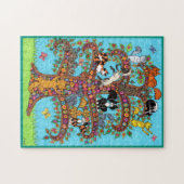 木カラフル猫の花かわいい漫画クールの子供 ジグソーパズル (横)