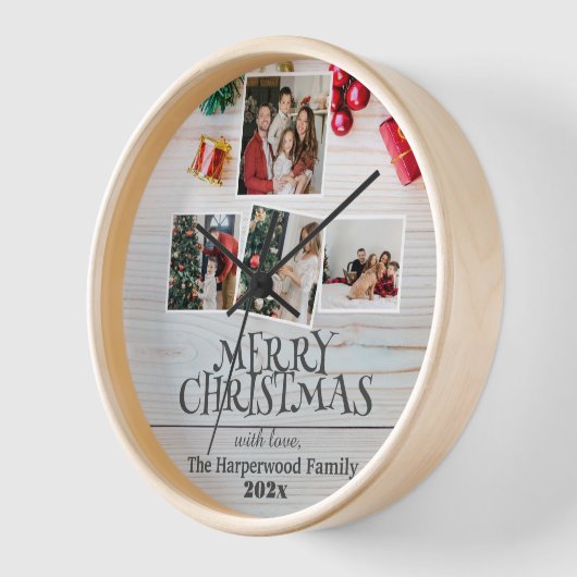 木シンプル家エレガントクリスマス写真コラージュ 壁時計 (傾斜)