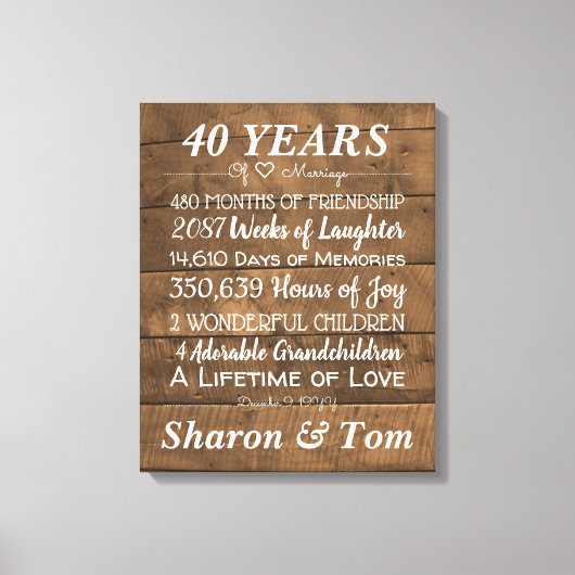 木パーソナライズされたの結婚記念日の節目 キャンバスプリント (正面)