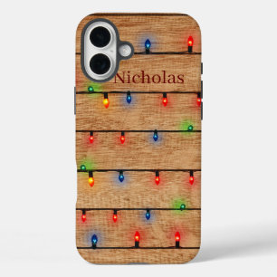 木パーソナライズされたフェイクとマルチカラーのライト iPhone 16 PLUSケース