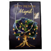 木パーソナライズされた提灯、月、フクロウ誕生日 ミディアムペーパーバッグ (正面)