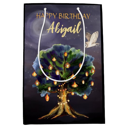 木パーソナライズされた提灯、月、フクロウ誕生日 ミディアムペーパーバッグ (正面)