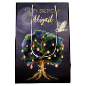 木パーソナライズされた提灯、月、フクロウ誕生日 ミディアムペーパーバッグ (裏面)