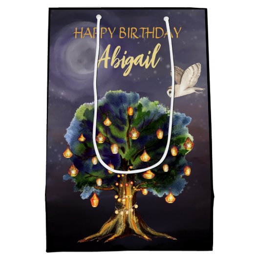 木パーソナライズされた提灯、月、フクロウ誕生日 ミディアムペーパーバッグ (裏面)