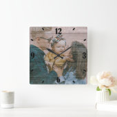 木パーソナライズされた素朴効果写真 スクエア壁時計 (ホーム)