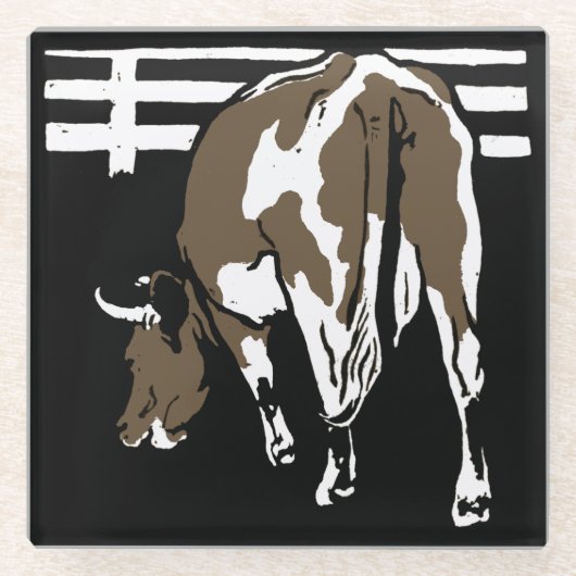 木ビクトリアン切り牧場の動物牛 ガラスコースター (正面)