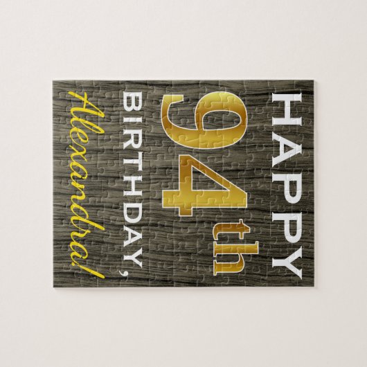 木フェイク材、フェイク金ゴールド94誕生日+名前をカスタムする ジグソーパズル (横)