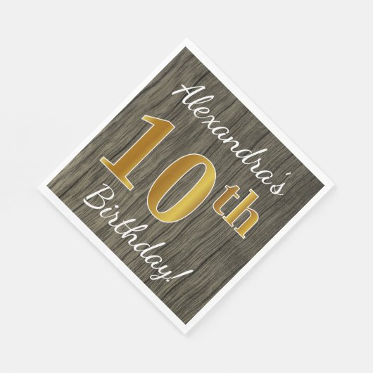 木フェイク、フェイク金ゴールド10番目の誕生日+名前をカスタムする スタンダードランチョンナプキン (角)
