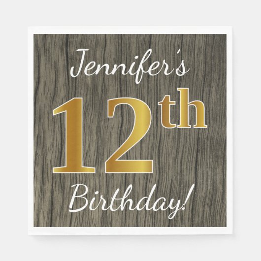 木フェイク、フェイク金ゴールド12誕生日+名前をカスタムする スタンダードランチョンナプキン (正面)