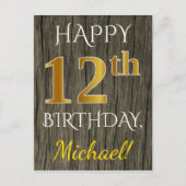 木フェイク、フェイク金ゴールド12誕生日+名前をカスタムする ポストカード (正面)