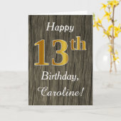 木フェイク、フェイク金ゴールド13番目の誕生日+名前をカスタムする カード (黄色い花)
