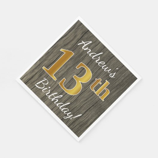 木フェイク、フェイク金ゴールド13番目の誕生日+名前をカスタムする スタンダードランチョンナプキン (角)