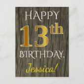 木フェイク、フェイク金ゴールド13番目の誕生日+名前をカスタムする ポストカード (正面)