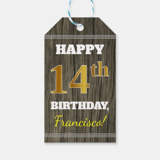 木フェイク、フェイク金ゴールド14誕生日+名前をカスタムする ギフトタグ (正面)