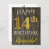 木フェイク、フェイク金ゴールド14誕生日+名前をカスタムする ポストカード (正面/裏面)