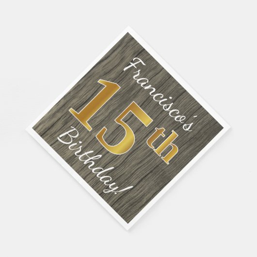 木フェイク、フェイク金ゴールド15誕生日+名前をカスタムする スタンダードランチョンナプキン (角)