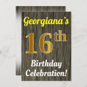 木フェイク、フェイク金ゴールド16誕生祝い 招待状 (正面/裏面)