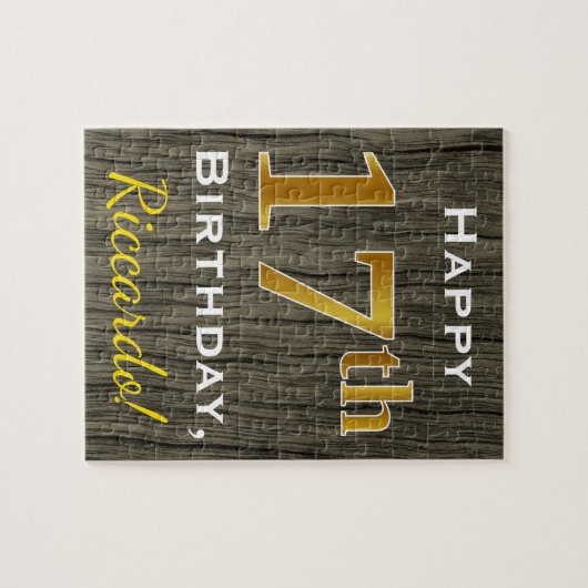 木フェイク、フェイク金ゴールド17誕生日+名前をカスタムする ジグソーパズル (横)