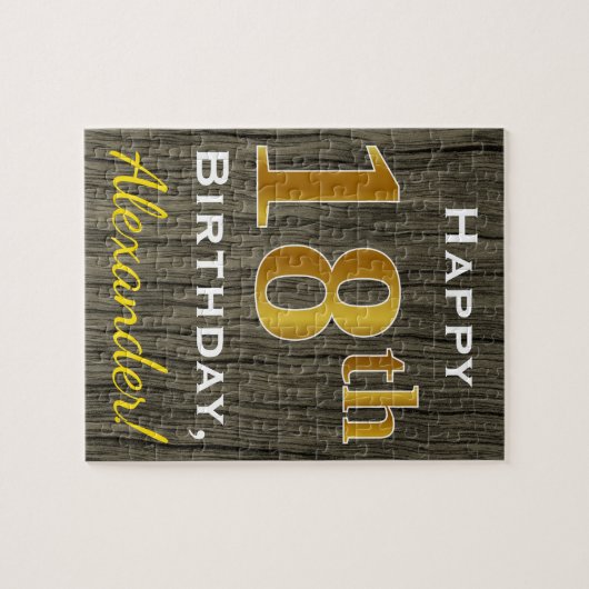 木フェイク、フェイク金ゴールド18誕生日+名前をカスタムする ジグソーパズル (横)