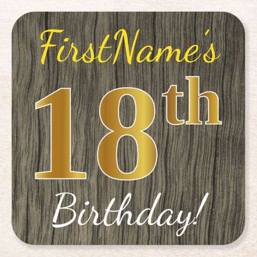 木フェイク、フェイク金ゴールド18誕生日+名前をカスタムする スクエアペーパーコースター (正面)