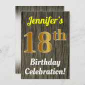 木フェイク、フェイク金ゴールド18誕生祝い 招待状 (正面/裏面)