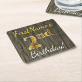 木フェイク、フェイク金ゴールド2回目の誕生日+名前をカスタムする スクエアペーパーコースター (アングル)