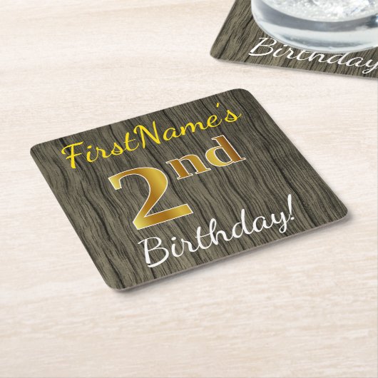 木フェイク、フェイク金ゴールド2回目の誕生日+名前をカスタムする スクエアペーパーコースター (アングル)
