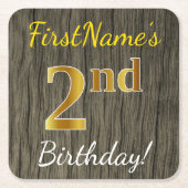 木フェイク、フェイク金ゴールド2回目の誕生日+名前をカスタムする スクエアペーパーコースター (正面)