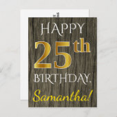 木フェイク、フェイク金ゴールド25誕生日+名前をカスタムする ポストカード (正面/裏面)