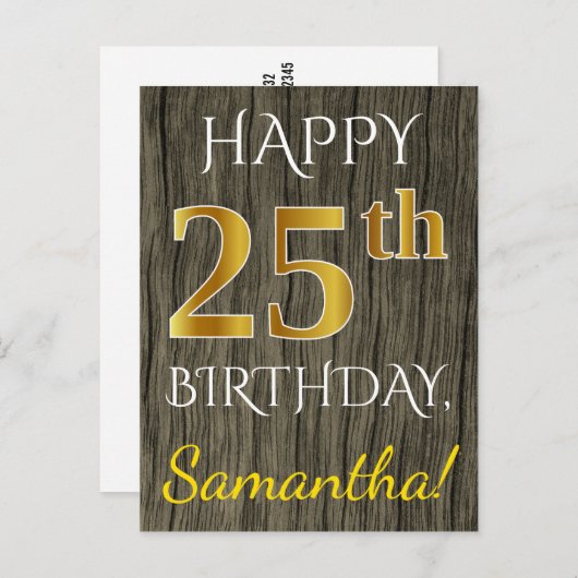 木フェイク、フェイク金ゴールド25誕生日+名前をカスタムする ポストカード (正面/裏面)