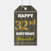 木フェイク、フェイク金ゴールド32番目の誕生日+名前をカスタムする ギフトタグ (正面)