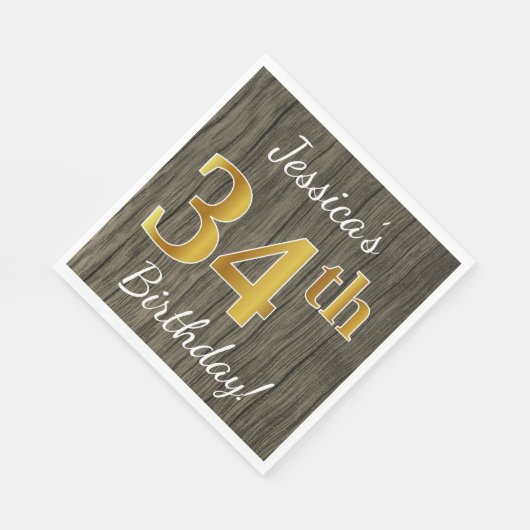 木フェイク、フェイク金ゴールド34番目の誕生日+名前をカスタムする スタンダードランチョンナプキン (角)