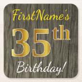 木フェイク、フェイク金ゴールド35誕生日+名前をカスタムする スクエアペーパーコースター (正面)