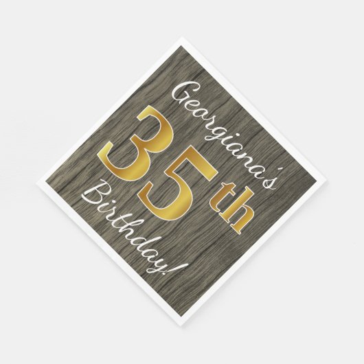 木フェイク、フェイク金ゴールド35誕生日+名前をカスタムする スタンダードランチョンナプキン (角)