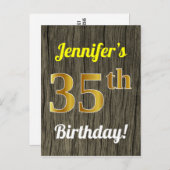 木フェイク、フェイク金ゴールド35th誕生日と名前をカスタムする ポストカード (正面/裏面)