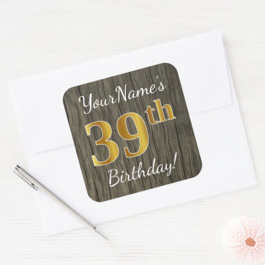 木フェイク、フェイク金ゴールド39誕生日+名前をカスタムするS スクエアシール (封筒)