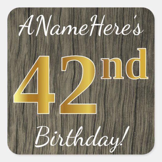 木フェイク、フェイク金ゴールド42番目の誕生日+名前をカスタムする スクエアシール (正面)