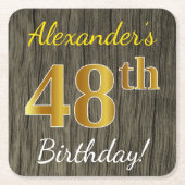 木フェイク、フェイク金ゴールド48誕生日+名前をカスタムする スクエアペーパーコースター (正面)