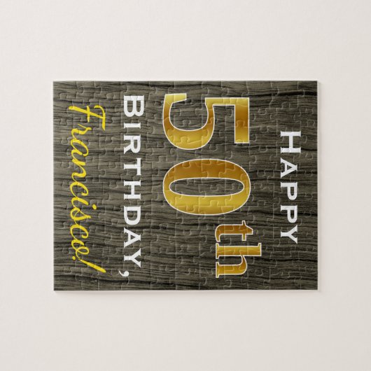 木フェイク、フェイク金ゴールド50番目の誕生日+名前をカスタムする ジグソーパズル (横)