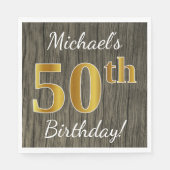 木フェイク、フェイク金ゴールド50番目の誕生日+名前をカスタムする スタンダードランチョンナプキン (正面)
