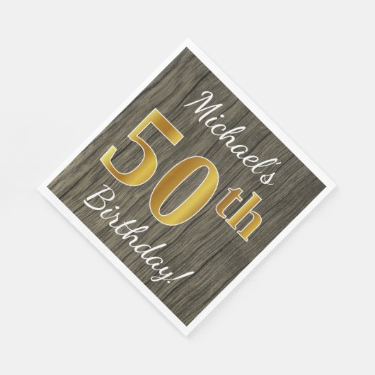 木フェイク、フェイク金ゴールド50番目の誕生日+名前をカスタムする スタンダードランチョンナプキン (角)