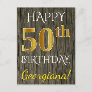 木フェイク、フェイク金ゴールド50番目の誕生日+名前をカスタムする ポストカード