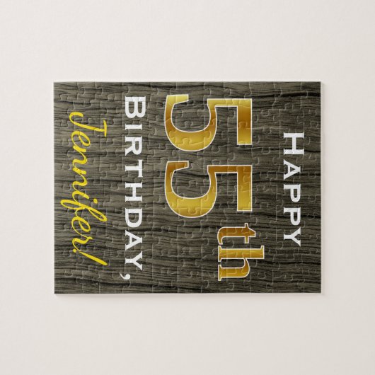 木フェイク、フェイク金ゴールド55誕生日+名前をカスタムする ジグソーパズル (横)