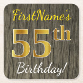 木フェイク、フェイク金ゴールド55誕生日+名前をカスタムする スクエアペーパーコースター (正面)
