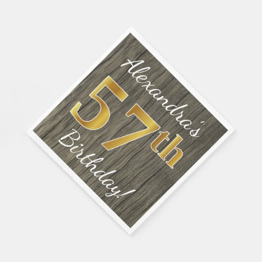 木フェイク、フェイク金ゴールド57番目の誕生日+名前をカスタムする スタンダードランチョンナプキン (角)