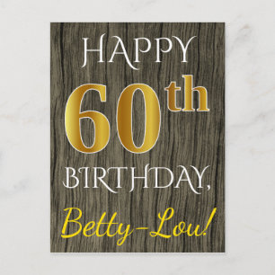 木フェイク、フェイク金ゴールド60番目の誕生日+名前をカスタムする ポストカード