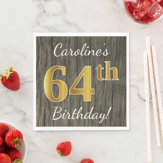 木フェイク、フェイク金ゴールド64番目の誕生日+名前をカスタムする スタンダードランチョンナプキン (インサイチュ)
