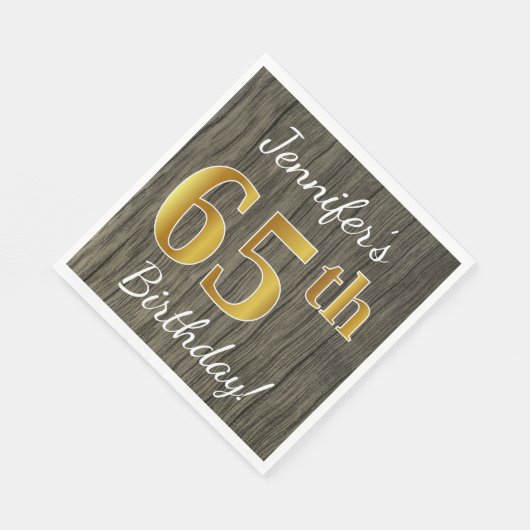 木フェイク、フェイク金ゴールド65番目の誕生日+名前をカスタムする スタンダードランチョンナプキン (角)